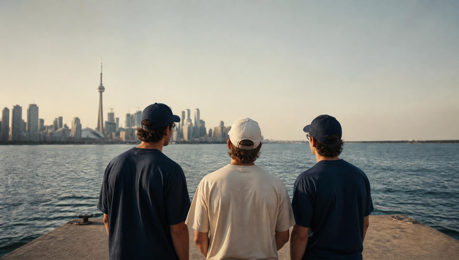 Three people in Always Lake Ontario caps and tees looking over Lake Ontario toward the Toronto skyline